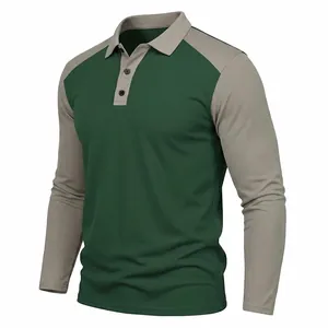 Side perspective view of a two-tone long sleeve polo shirt with raglan sleeves and collar