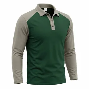 Detailed front display of a two-tone long sleeve polo shirt with raglan sleeves.