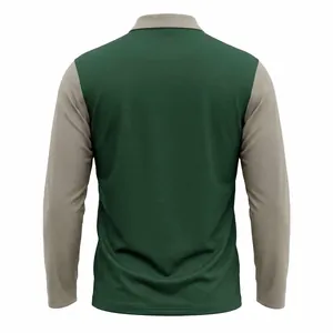 Back view of men's golf long-sleeved polo shirt in green and grey color block
