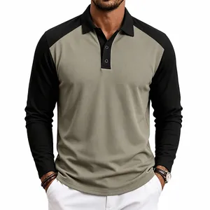 Men's raglan long sleeve polo shirt featuring a color block khaki and black design