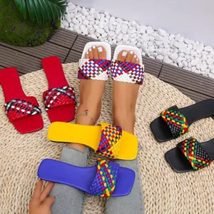 Stylish vibrant woven square toe flat sandals for women available in multiple colors