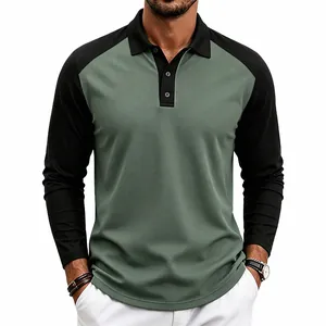 Men's long-sleeve performance golf polo shirt with green body and black raglan sleeves