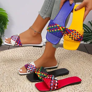 Vibrant multi-color woven flat slides for women with square toe and street style design
