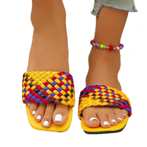 Fashionable square toe woven flat slides with colorful braided straps for women