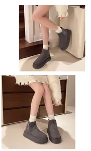 Detailed view of stylish grey platform snow boots with plush lining worn by a model