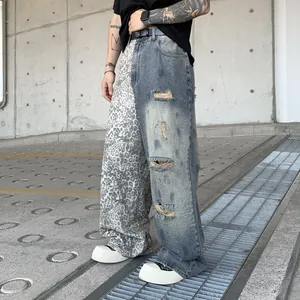 Herren Trendy Gespleißte Leopardenmuster Gewaschene Zerrissene Jeans Streetwear Lockere Gerade Bein Denim Hose Für Den Alltag