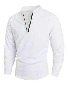 Detail showing the ribbed shoulder design and quarter-zip collar of the white sports shirt