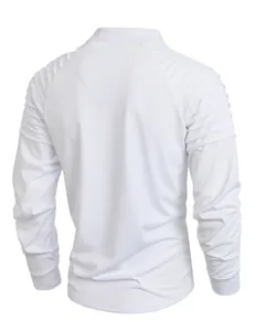 Detailed back view of white men's long-sleeve sports shirt with pleated shoulder design.