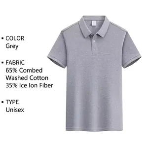 Λεπτομερής προβολή γκρι unisex polo μπλούζας με μίξη υφάσματος και πλαϊνό σκίσιμο