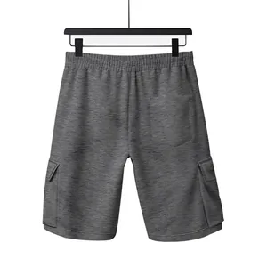 Graue melierte Herren-Cargo-Shorts mit elastischem Bund und seitlichen Klappentaschen