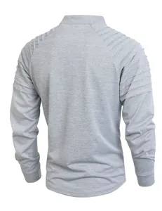 Back view of men's gray long sleeve sports sweatshirt featuring pleated arm details