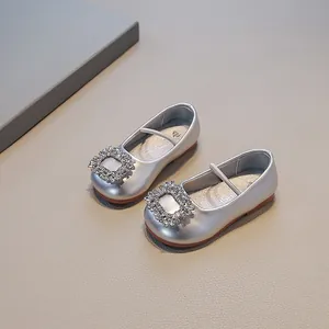 Silver toddler girl's leather shoes with rhinestone buckle and soft sole for autumn.