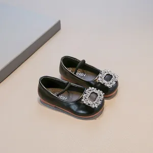 Baby girl black leather Mary Jane shoes with sparkling rhinestone buckle and soft sole