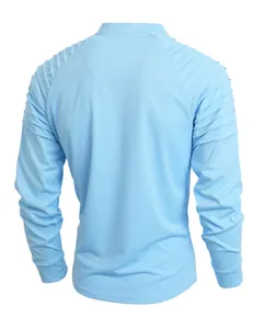 Back view of men's light blue sports long sleeve t-shirt with ribbed shoulder detail.