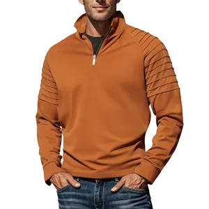 Detail view of men's half-zip athletic sweatshirt with ribbed shoulder design
