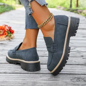 Vintage British style slate blue thick sole loafers for women on outdoor wooden path