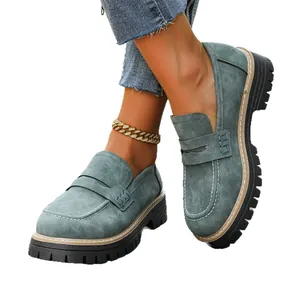 Elegant vintage British style platform loafers for women in grey-blue with thick soles