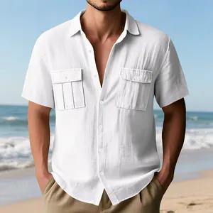 Camicia da uomo a maniche corte in lino bianco, vestibilità ampia con tasche