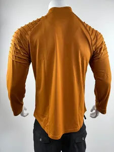 Back view of men's ginger sports fitness sweatshirt featuring unique pleated shoulder details.