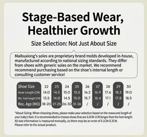 Detailed size chart for infant and toddler walking shoes showing foot length measurements