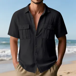 Camicia casual da uomo in lino a maniche corte, colore nero tinta unita con tasche