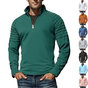Men's Half Zip Stand Collar Sport Sweatshirt Pleated Shoulder Long Sleeve Solid Color Slim Fit Fitness Training Top