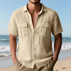 Camicia estiva da uomo in lino a maniche corte stile cargo con doppie tasche applicate