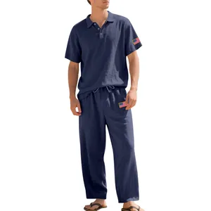 Heren marineblauw linnen set met Amerikaanse vlag patches voor Independence Day viering