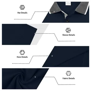 Dettagli del tessuto, del colletto e dei polsini di una polo a maniche lunghe blu navy.