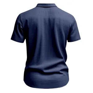 Rear view of a men's summer navy blue linen short sleeve shirt with slub texture