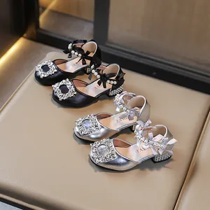 Zapatos de Princesa para Niñas Sandalias de Vestir con Lazo de Diamantes de Imitación Suela Blanda Tacón Ancho de PU con Perlas para Fiesta Boda Niñas Pequeñas