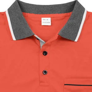 Dettaglio del colletto di una polo arancione da uomo con bordo grigio e taglia M