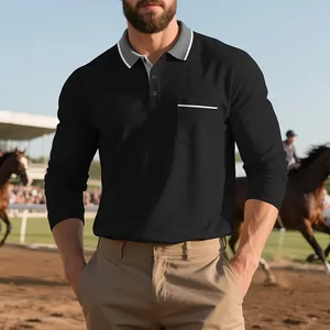 Polo da uomo a maniche lunghe nera con colletto grigio a contrasto e taschino frontale
