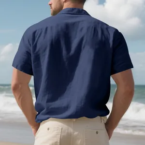 Detail view of men's navy blue linen short sleeve shirt back for beach casual style