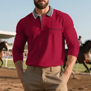 Vista dettagliata della polo da uomo rossa a maniche lunghe con colletto grigio e tasca