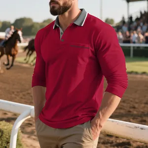 Polo rossa a maniche lunghe da uomo con colletto a contrasto grigio e taschino