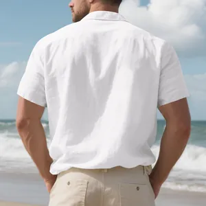 Detailed back view of a white linen short sleeve shirt for men at a sunny beach