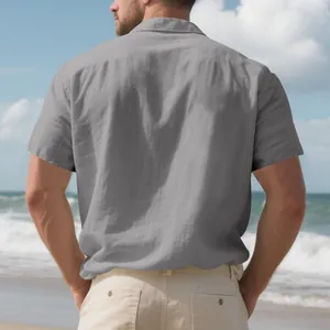 Detailed back view of a gray men's linen short sleeve shirt with natural texture