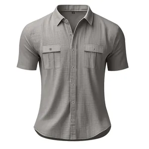 Detail of gray linen short-sleeved cargo shirt with double chest pockets and lapel