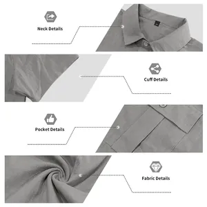 Detailed close-ups showing the neck, cuff, pocket, and fabric of grey linen shirt
