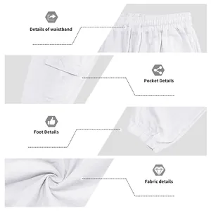 Detalles en primer plano de pantalones cargo de lino blanco para hombre y tela
