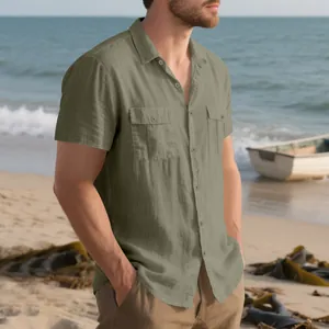 Men's summer army green linen utility short sleeve shirt with double pockets