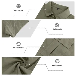 Detail views of olive green linen cargo shirt showing neck, cuff, pocket and fabric