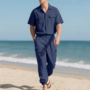 Conjunto de lino azul marino para hombre con camisa de manga corta y pantalón cargo de playa