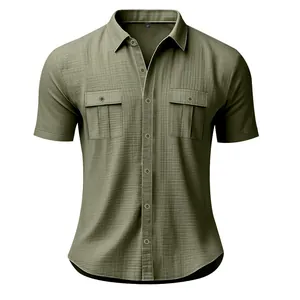 Detail of olive green men's linen short sleeve shirt with double buttoned chest pockets.