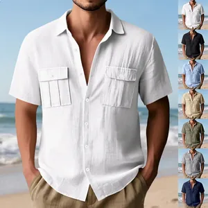 Men Summer Casual Linen Cargo Shirt Loose Fit Short Sleeve Top With Double Patch Pockets Breathable Solid Color Lapel Button Down Shirt