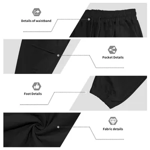 Vistas detalladas de pantalones cargo negros para hombre con cintura y tejido