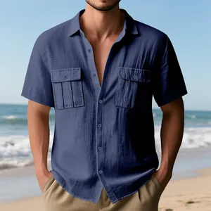 Men's summer linen utility short sleeve shirt with double pockets in navy blue color