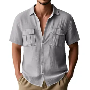 Men's short-sleeve linen utility shirt with dual pockets in light grey color