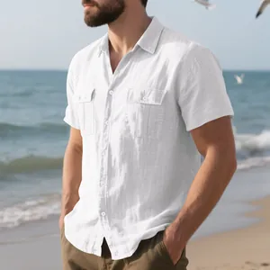 Premium men's white breathable linen short-sleeved beach shirt with stylish front pockets